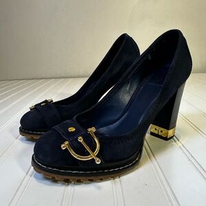Tory Burch Navy Suede Block Heel with Gold Hardware Size 8